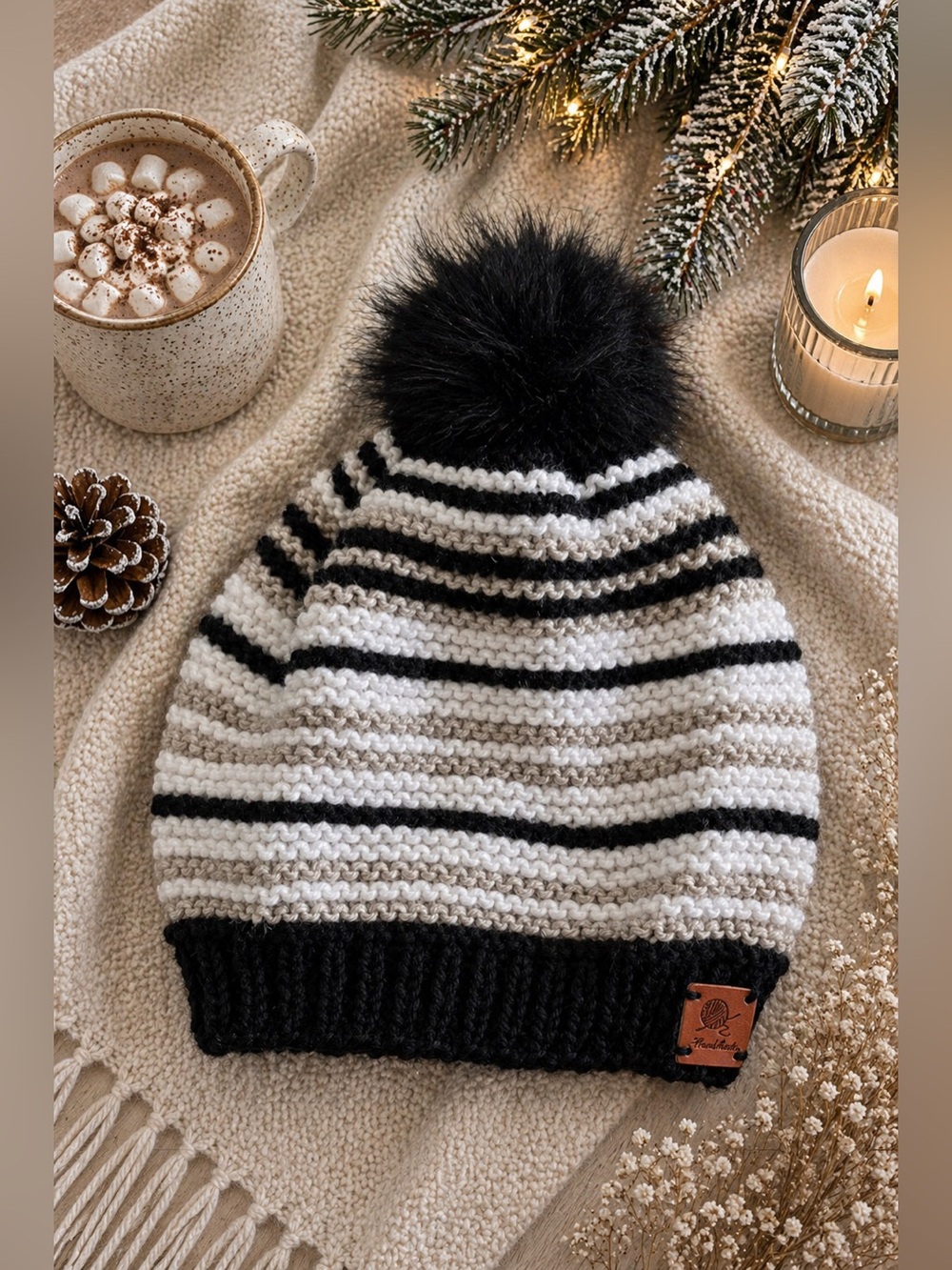 Women Black & White Striped Knit Pom Beanie